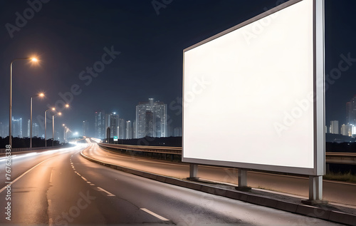 A large white billboard sitting on the side of a road, Billboard mockup concept, Place for text or image, Advertising