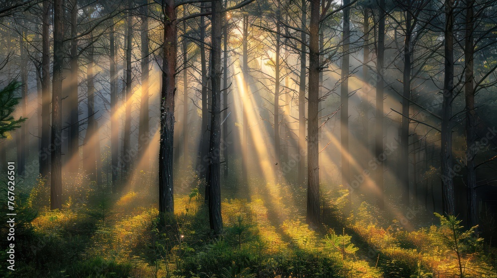 Mystical forest with sunbeams through trees Mystical forest with sunbeams through trees