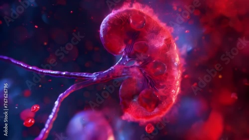 A microscopic view of a kidney with multiple small stones causing inflammation and swelling. This condition is known as nephrolithiasis and can lead to serious complications photo