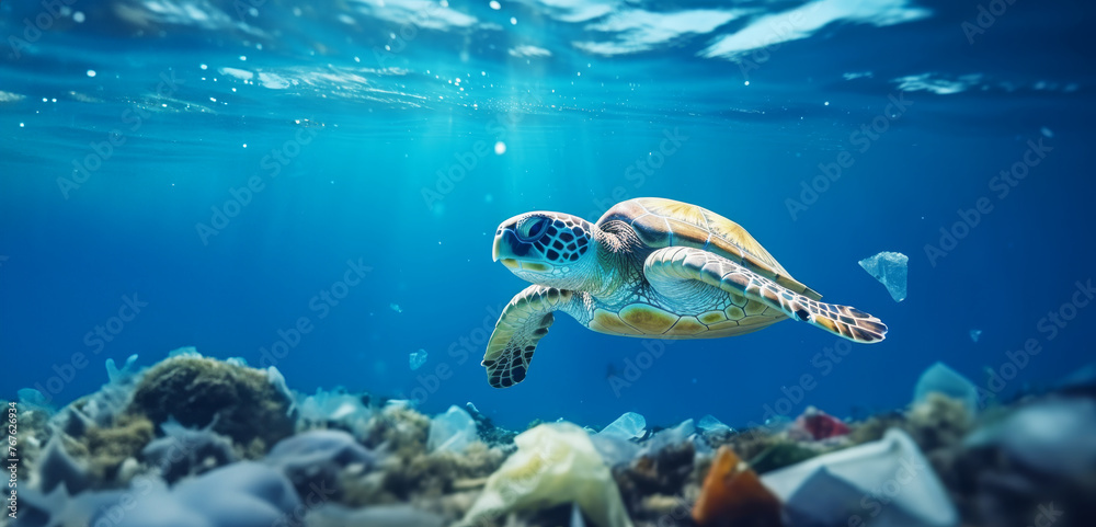 Obraz premium Sea turtle swimming in ocean, Plastic pollution in ocean, Turtles eat plastic bags mistaking them for jellyfish Environmental Problem, World Ocean Day, and World Environment Day concept.