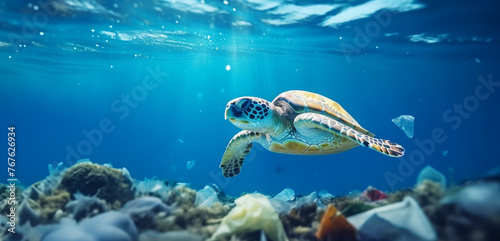 Sea turtle swimming in ocean, Plastic pollution in ocean, Turtles eat plastic bags mistaking them for jellyfish Environmental Problem, World Ocean Day, and World Environment Day concept.
