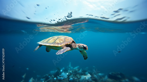 Sea turtle swimming in ocean, Plastic pollution in ocean, Turtles eat plastic bags mistaking them for jellyfish Environmental Problem, World Ocean Day, and World Environment Day concept. photo