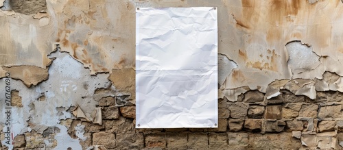 Template of a wrinkled white poster. Mock up of a glued paper. Textured wall with blank wheat paste. Frame holding an empty street art sticker mock up. Urban canvas for glued advertising. photo