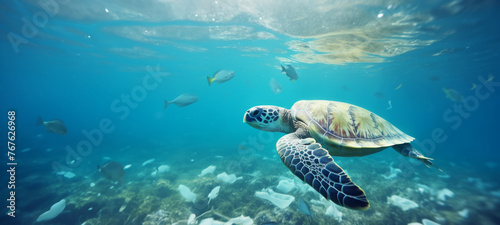 Sea turtle swimming in ocean, Plastic pollution in ocean, Turtles eat plastic bags mistaking them for jellyfish Environmental Problem, World Ocean Day, and World Environment Day concept.