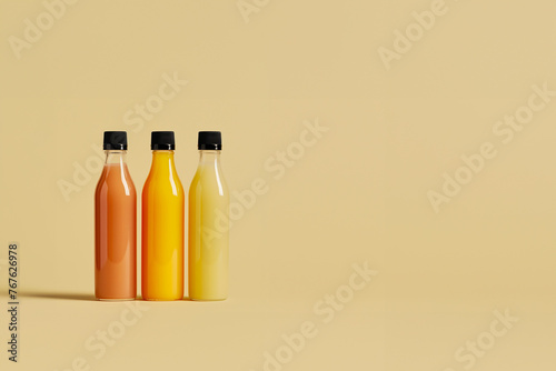 3 bouteilles remplies de smoothies  ou jus de fruits frais et bio, Boissons naturelles et saines dans des bouteilles en marque blanche sans étiquette et bouchon noir, sur fond beige copy space photo