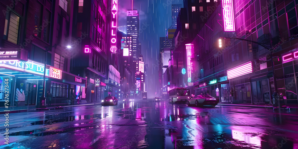 A city in the rain with neon signs