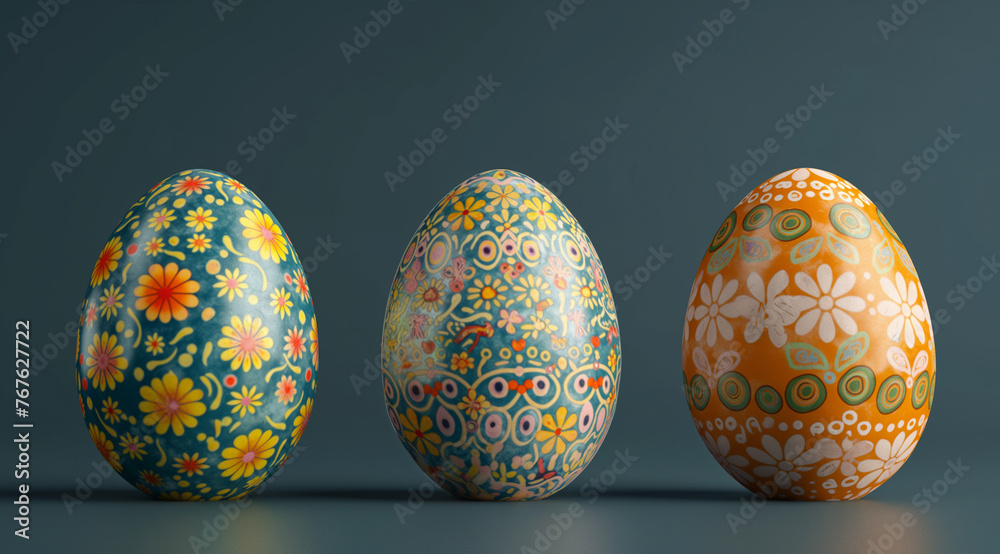 set of 3 colorful artistic Easter eggs placed in a line beautiful flowers and traditional designs 