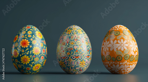 set of 3 colorful artistic Easter eggs placed in a line beautiful flowers and traditional designs 