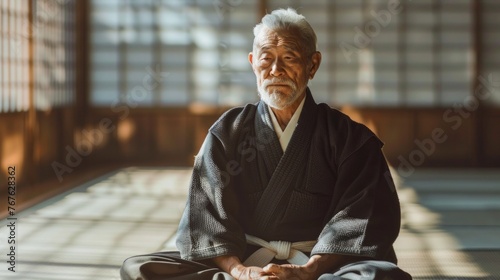 Elderly aikido master wearing kimono sitting in training room.