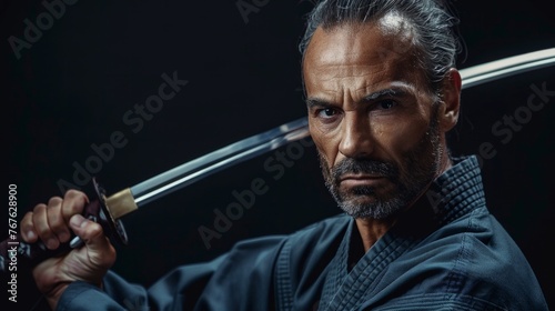 Portrait of caucasian sensei master with black sensei belt in taekwondo kimono witn sword katana on black background. Traditional samurai hakama kimono.