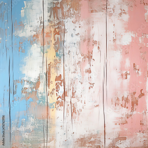 A detailed closeup of an old, painted wooden wall with peeling paint in soft pastel colors like pink and blue © Moose