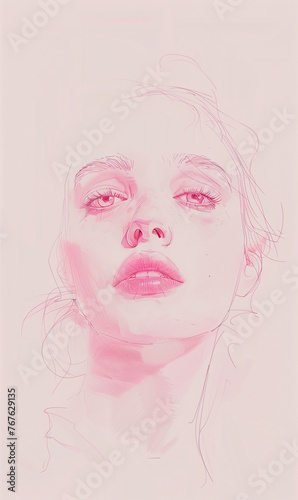 a minimalist girl with soft pink pastel features, including a simple outline of her face and delicate features, against a clean, white background. © SKYNET