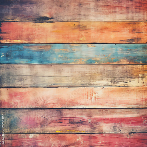 Colorful wooden background in the style of old wood texture, vintage color palette, pastel colors, boho style