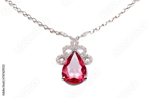 Enchanting Pink Elegance: Necklace With Opulent Pink Gemstone. On White or PNG Transparent Background.