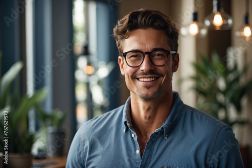 Entspannter Mann mit Brille und Jeanshemd strahlt in gem  tlicher Inneneinrichtung