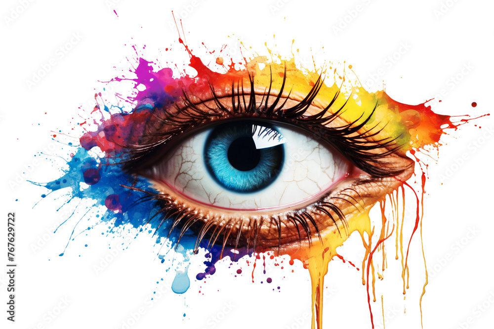 Close up of colorful human eye with rainbow colors,  watercolor splash art, isolated on transparent background