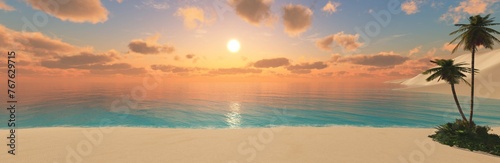 Beautiful beach with palm trees at sunset, panorama of a tropical landscape, sea sunset, 3d rendering © ustas