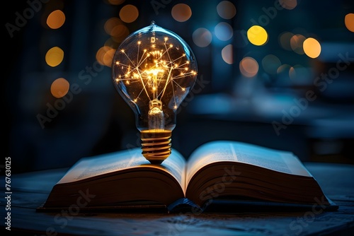 Illuminated lightbulb above open book symbolizing inspiration education and innovation. Concept Education, Inspiration, Innovation, Lightbulb Symbolism