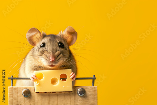 petite souris mangeant le morceau de gruyère ou d'emmental trouvé sur le piège à souris, face à l'objectif et sur le piège. Fond jaune moutarde espace négatif copy space