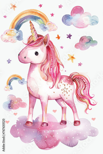 Isolated cute watercolor unicorn and rainbow clipart Nursery unicorns illustration Princess unicorns poster Trendy pink cartoon horse, 