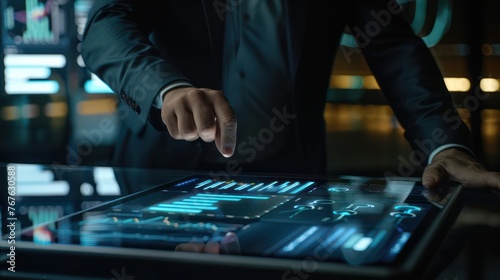 A close-up image capturing a person engaging with a high-tech, futuristic interface full of graphs and data, symbolizing cutting-edge technology © chusnul