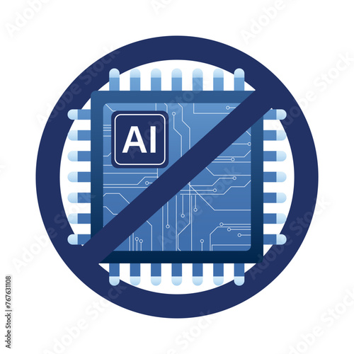 Ban on the use of artificial intelligence. Computer chip with AI in prohibitory round sign. Humanity fear of innovative technologies and robotization