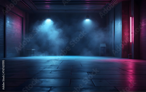The spotlight illuminates the asphalt floor of the studio room  while tendrils of smoke dance through the air  enhancing the interior ambiance