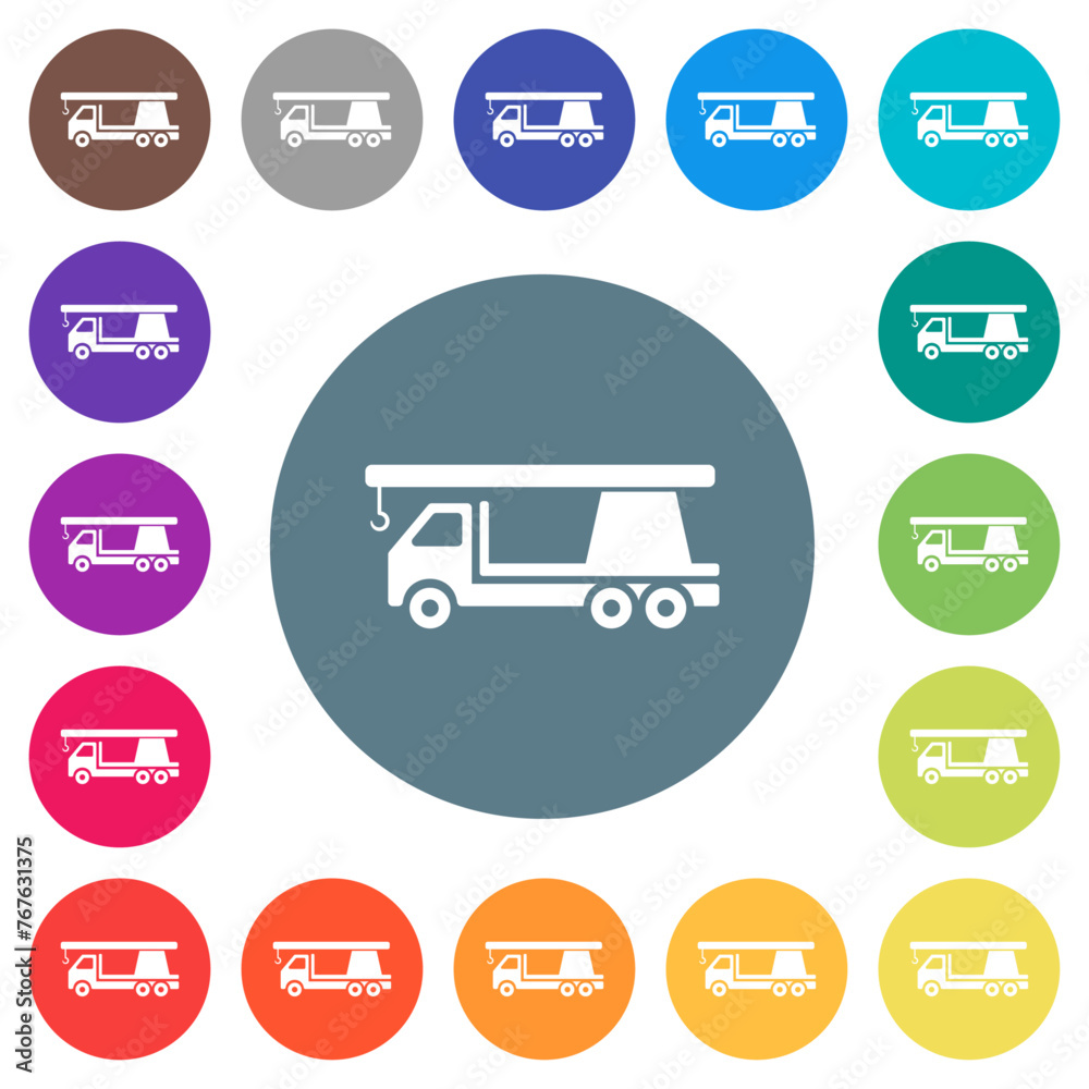 Crane truck flat white icons on round color backgrounds Crane truck flat white icons on round color backgrounds