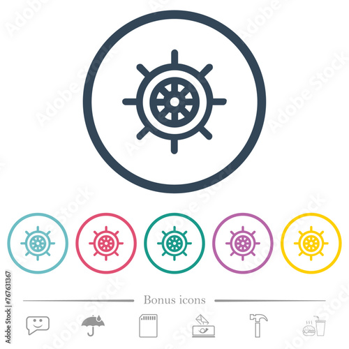 Ship steering wheel solid flat color icons in round outlines