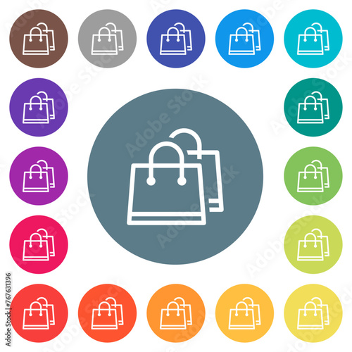 Two shopping bags outline flat white icons on round color backgrounds