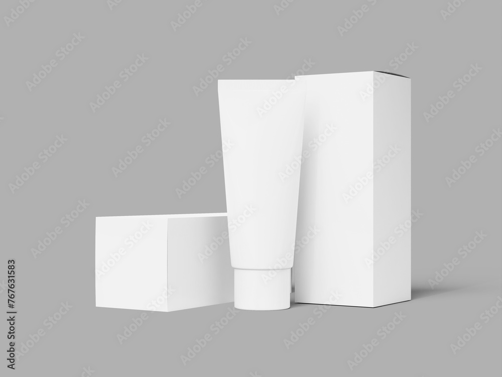 Realistic White Blank Plastic Tube Packaging and Box 3D Render Mockup Realistic White Blank Plastic Tube Packaging and Box 3D Render Mockup