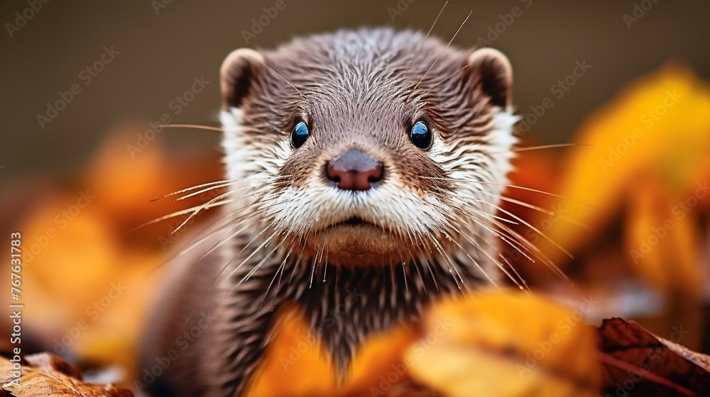 Fototapeta premium Autumn Whiskers: Curious Otter Amongst Fallen Leaves - Vivid Wildlife Portrait, Essence of Autumn, Close-Up in Nature's Palette