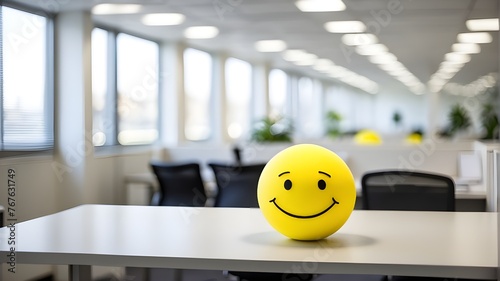  a bright yellow smiling ball in an office environment.In our office, nestled among the desks and bustling activity, sits a cheerful symbol of positivity: a bright yellow smiling ball. Positioned stra photo