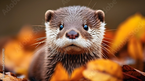 Autumn Whiskers: Curious Otter Amongst Fallen Leaves - Vivid Wildlife Portrait, Essence of Autumn, Close-Up in Nature's Palette
