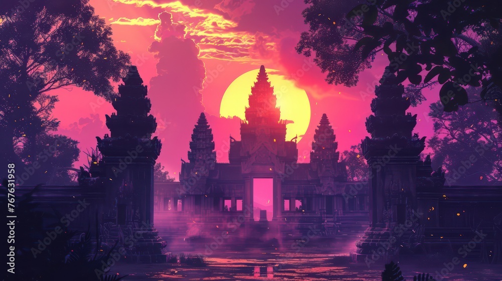 This visually stunning image captures the beauty of a mystical ancient temple at sunset, radiating under a vivid purple sky, invoking a sense of wonder