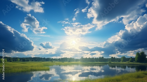 Scenic summer vista with azure skies, radiant sunlight, and lush grass