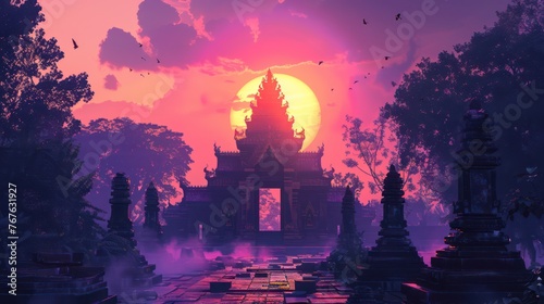 Mystical ancient temple surrounded by fog and silhouetted against a vibrant purple and pink sunset sky, with birds flying around the spires