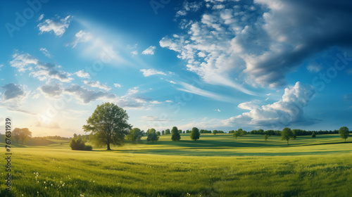 Serene summer tableau with clear skies, sunlit fields, and vibrant green grass