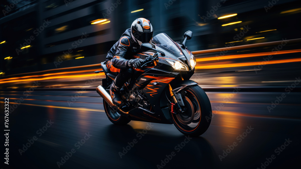 Photo of a rider on a sports motorcycle on an asphalt road. An atmosphere of speed and power. Generative AI