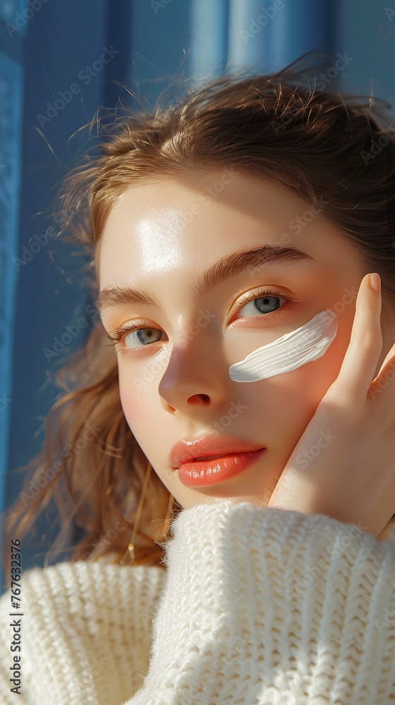 Portrait of a young woman using skincare for routine, highlighted by warm sunlight. Portrait of a young woman using skincare for routine, highlighted by warm sunlight.