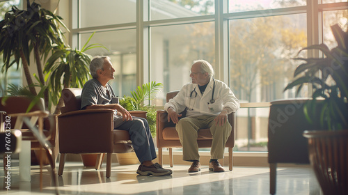 Conversation with an elderly man in a hospital waiting room, soft sunlight streaming through large windows, comfortable chairs and potted plants creating. photo