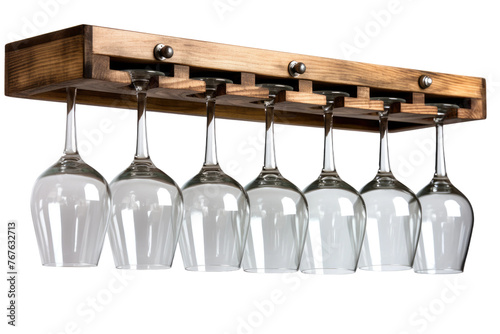 Elegant Wooden Rack Adorned With Hanging Wine Glasses. On White or PNG Transparent Background.