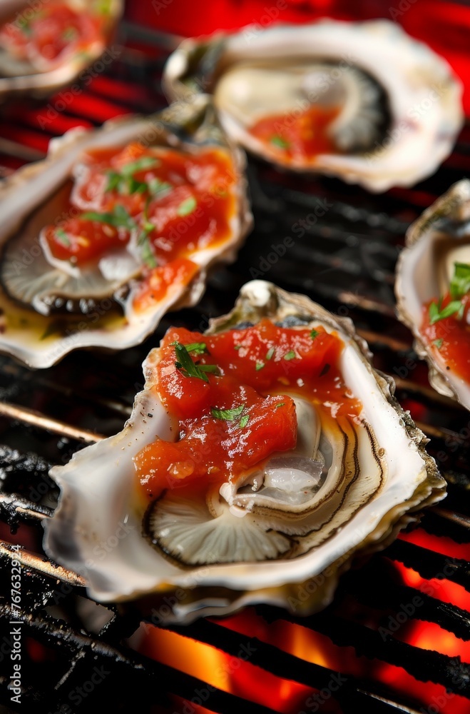 A plate of oysters with a red sauce on top A plate of oysters with a red sauce on top