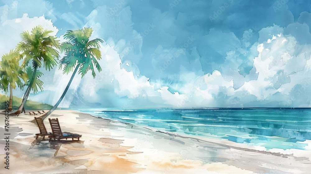 Minimalistic watercolor illustration of a serene beach with sea, pure white sand, chairs and a palm Tropical holiday concept for postcard  - obrazy, fototapety, plakaty 