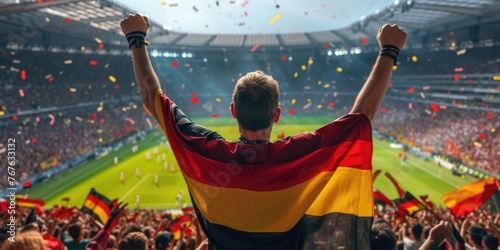 A fan at a world competition event raises his arms in the air, enjoying the fun and energy of the crowded stadium. AIG41 photo