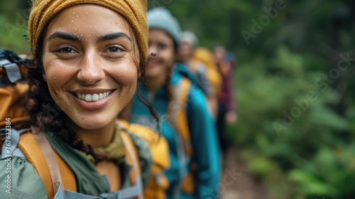 A happy woman wearing backpack and water on her face, smiling with cool water drops on her nose, eyebrows, eyelashes, and jaw, enjoying her travel adventure with stylish eyewear. AIG41