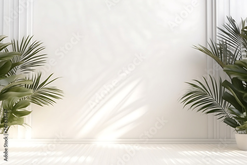 blank white podium with palm leaves  blank round frame for product display  mockup
