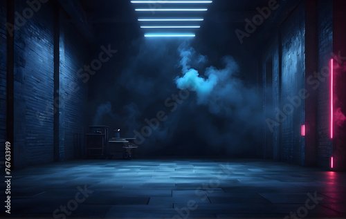 The spotlight illuminates the asphalt floor of the studio room  while tendrils of smoke dance through the air  enhancing the interior ambiance