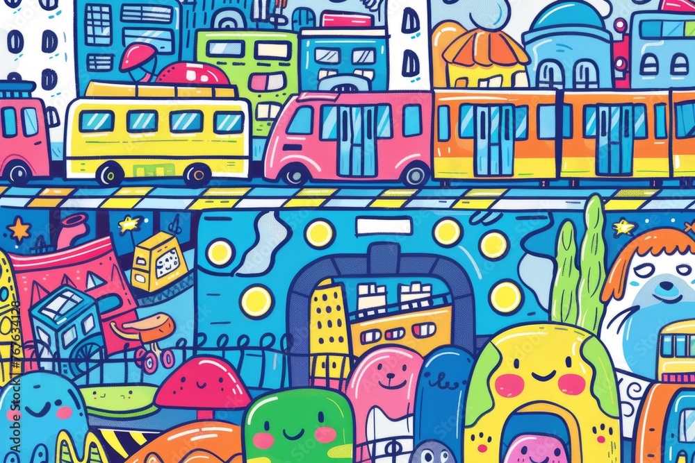 Cartoon cute doodles of a big city subway system with colorful trains chugging along, little passengers waiting on platforms, and cute critters riding the rails, Generative AI Cartoon cute doodles of a big city subway system with colorful trains chugging along, little passengers waiting on platforms, and cute critters riding the rails, Generative AI