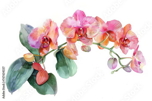 orchid and leaves watercolor flower illustration  for greeting card  invitation card for wedding  birthday and other holiday  white background   